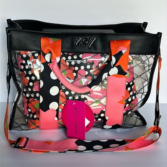 🆕 BETSEY JOHNSON Large Clear Tote Bag & Crossbody Set Black Floral Polka Dot - Picture 3 of 16